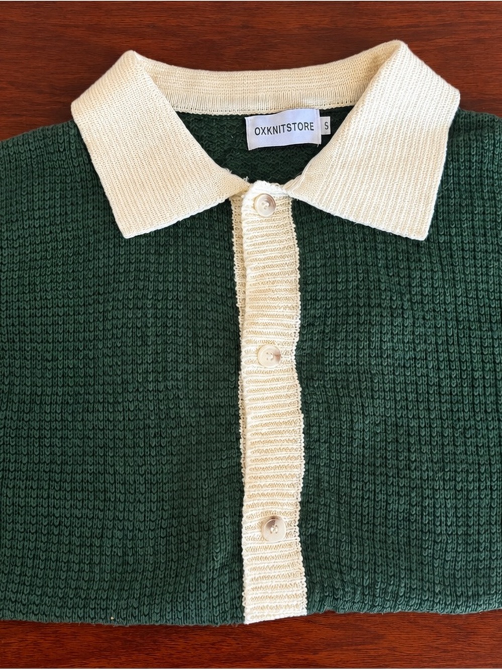 OXKNITSTORE Green Knit Polo Cardigan with Cream Collar